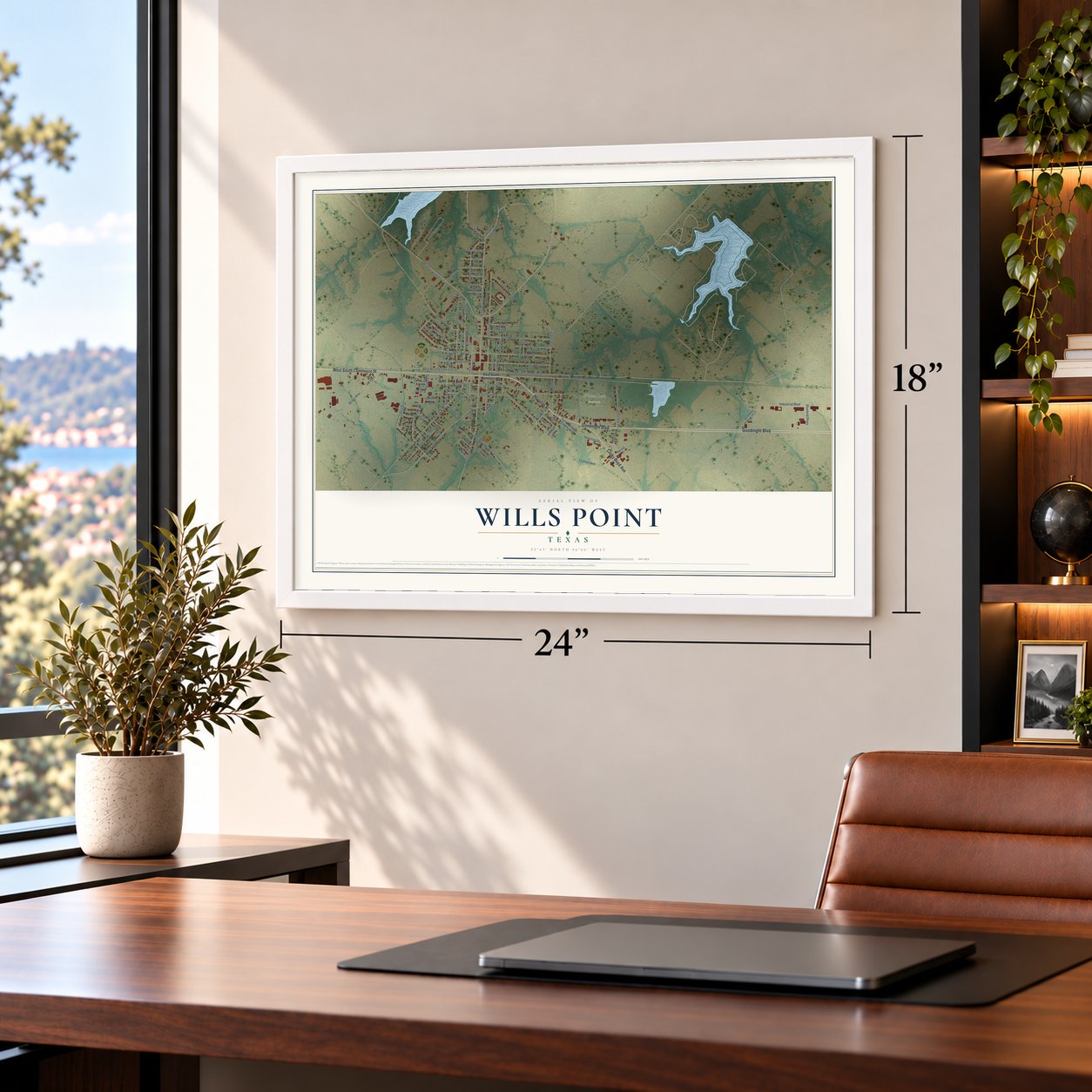Wills Point, Texas map, 18 x 24 inch print in a white frame in a home office