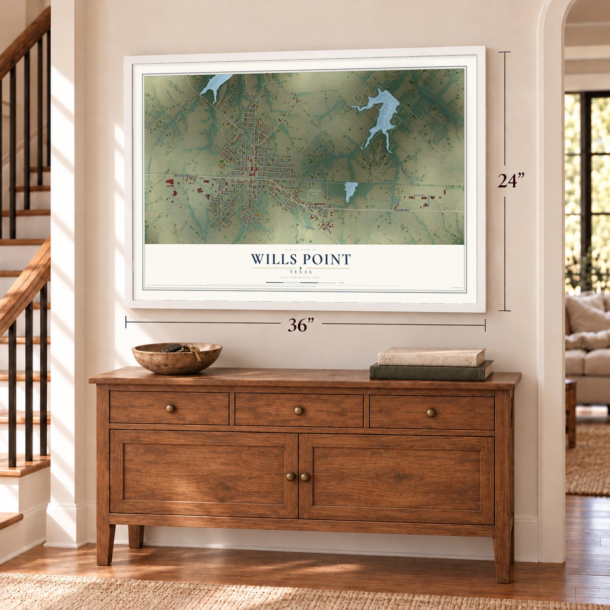 Wills Point, Texas map, 24 x 36 inch print in a white frame above a dresser by a staircase