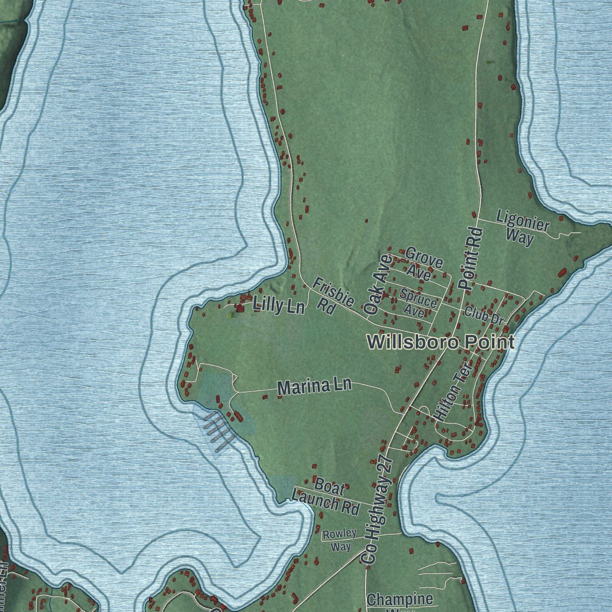 Second close-up of the map of Willsboro, New York print showing more streets and buildings