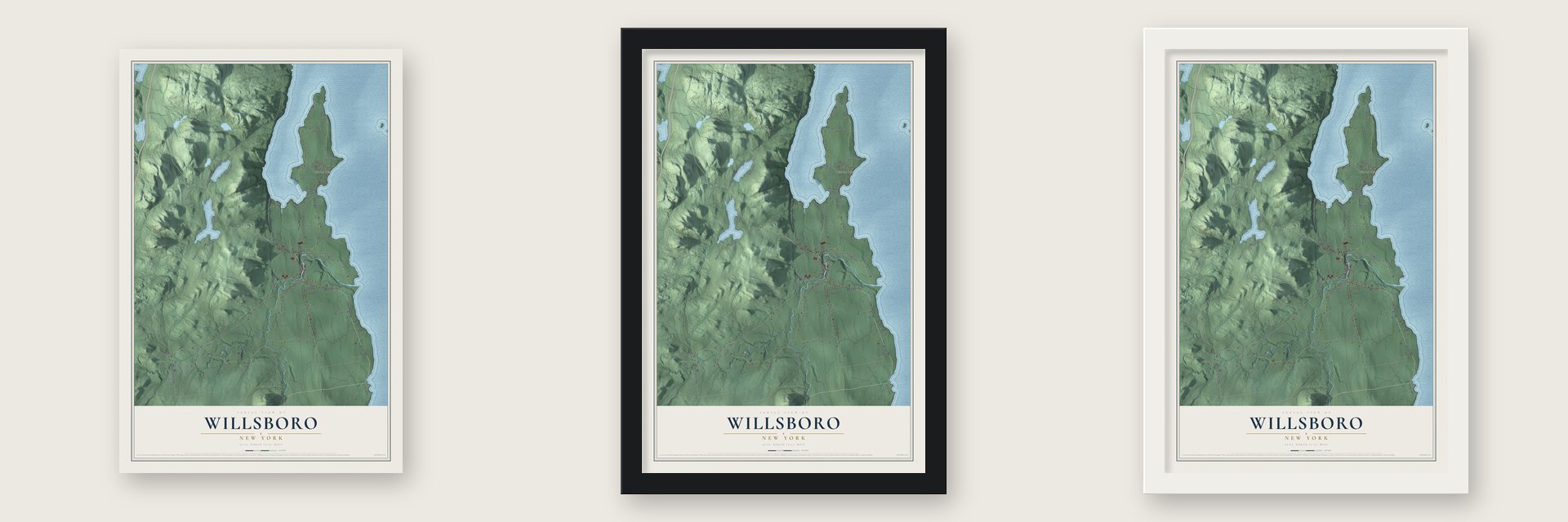 Willsboro, New York map unframed, in a black wood frame and in a white wood frame