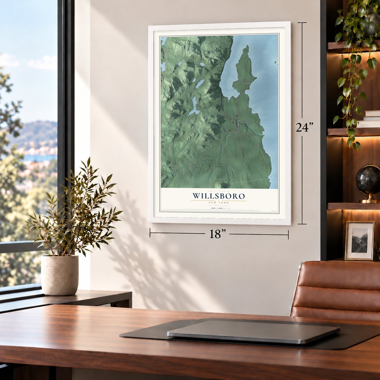 Willsboro, New York map, 18 x 24 inch print in a white frame in a home office