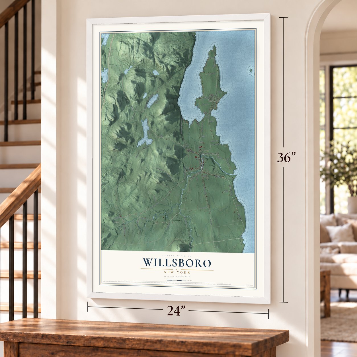 Willsboro, New York map, 24 x 36 inch print in a white frame by a staircase