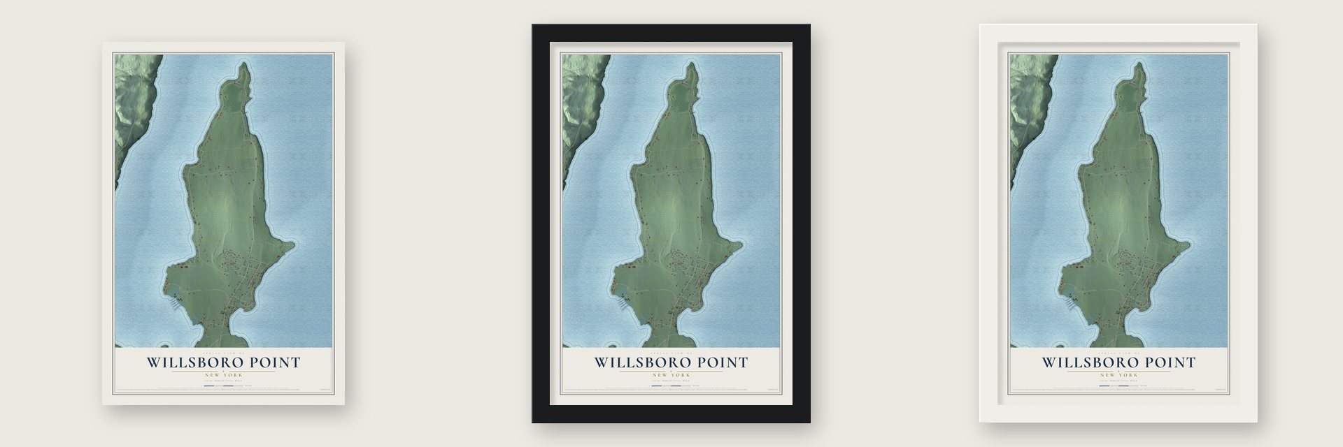 Willsboro Point, New York map unframed, in a black wood frame and in a white wood frame