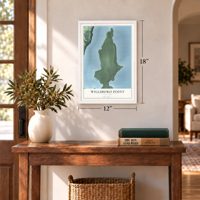 Willsboro Point, New York map, 12 x 18 inch print in a white frame in an entryway