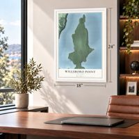 Willsboro Point, New York map, 18 x 24 inch print in a white frame in a home office