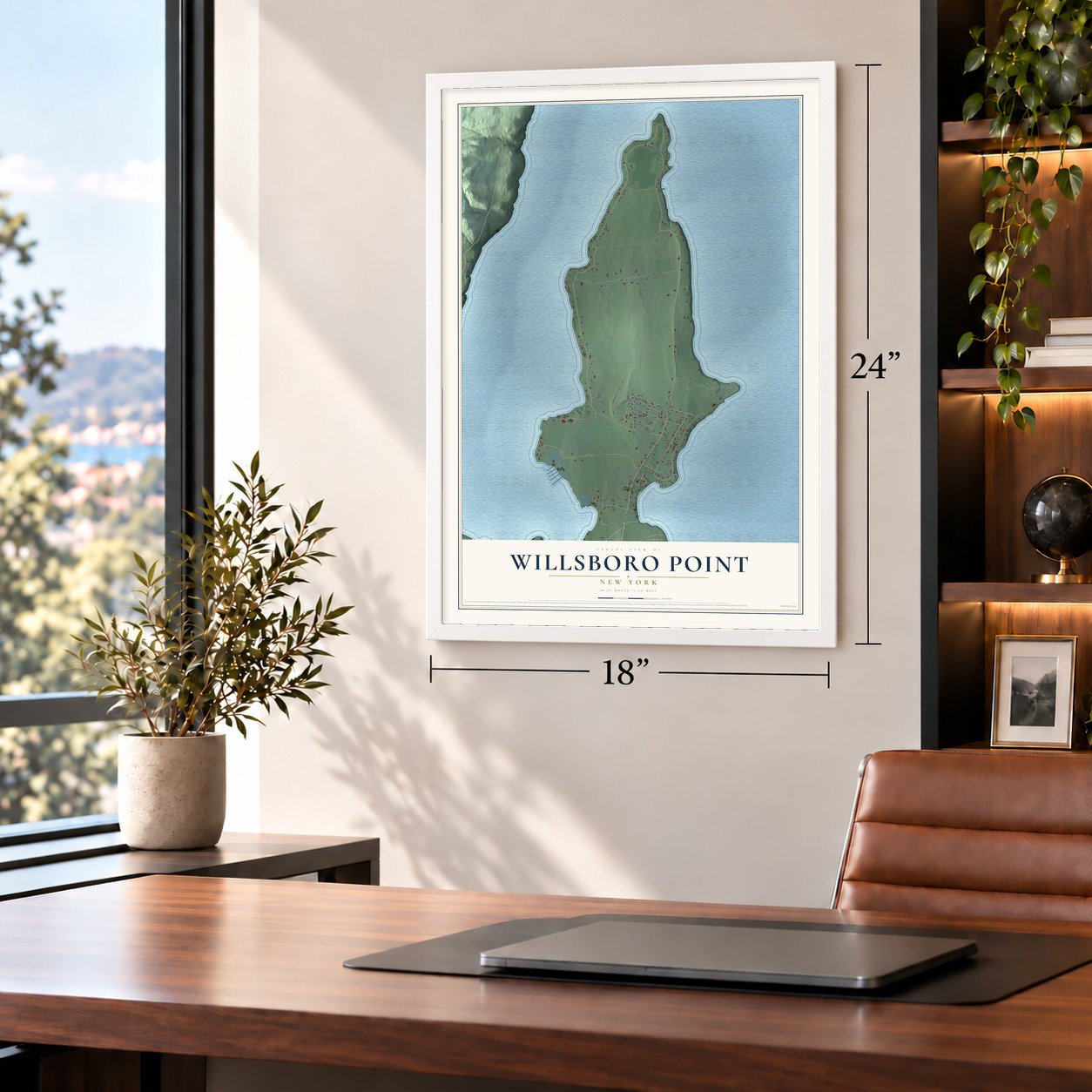Willsboro Point, New York map, 18 x 24 inch print in a white frame in a home office