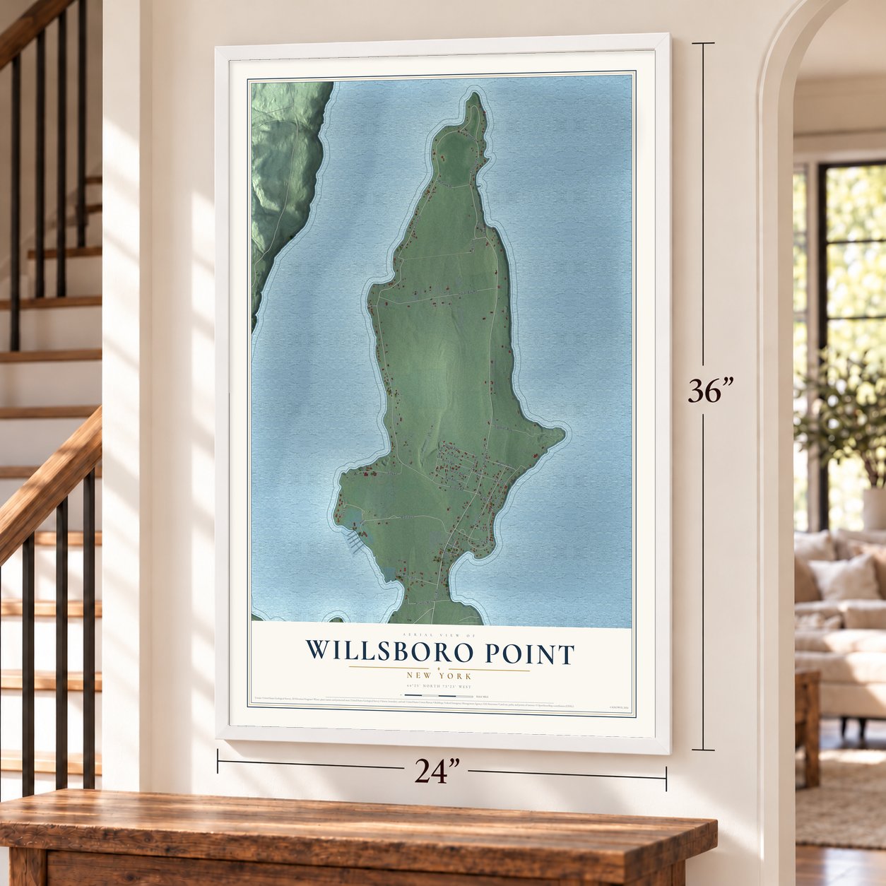 Willsboro Point, New York map, 24 x 36 inch print in a white frame by a staircase