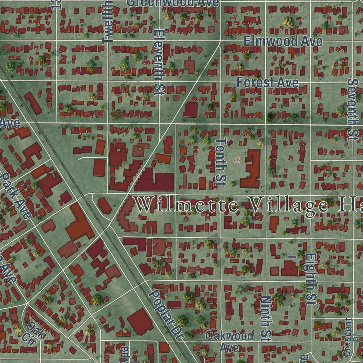 Second close-up of the map of Wilmette, Illinois print showing more streets and buildings