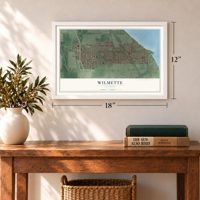 Wilmette, Illinois map, 12 x 18 inch print in a white frame in an entryway