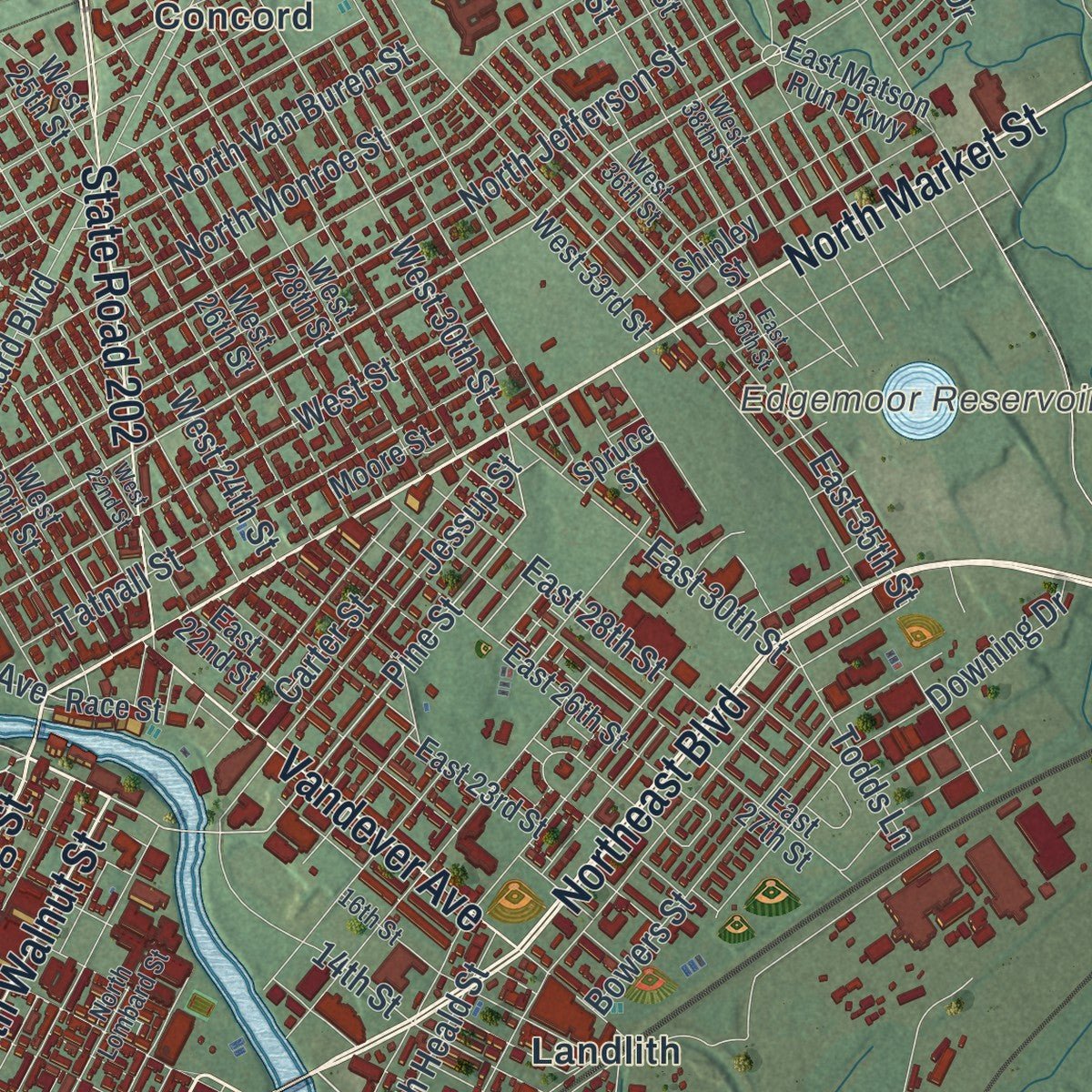 Second close-up of the map of Wilmington, Delaware print showing more streets and buildings