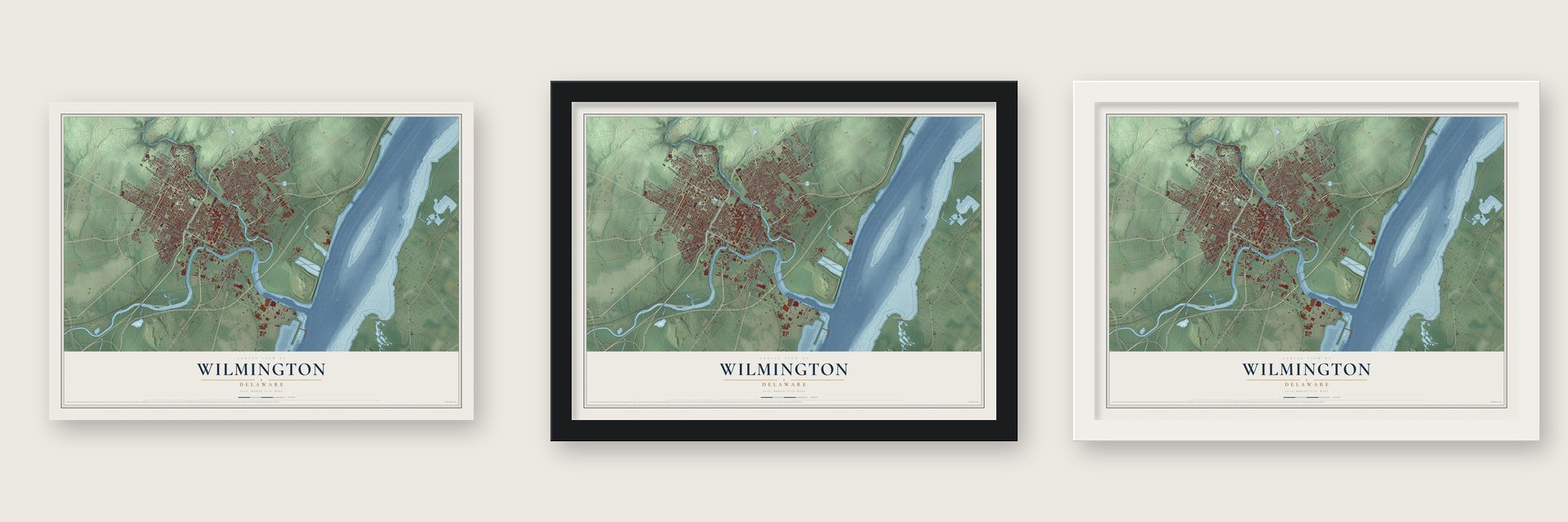 Wilmington, Delaware map unframed, in a black wood frame and in a white wood frame