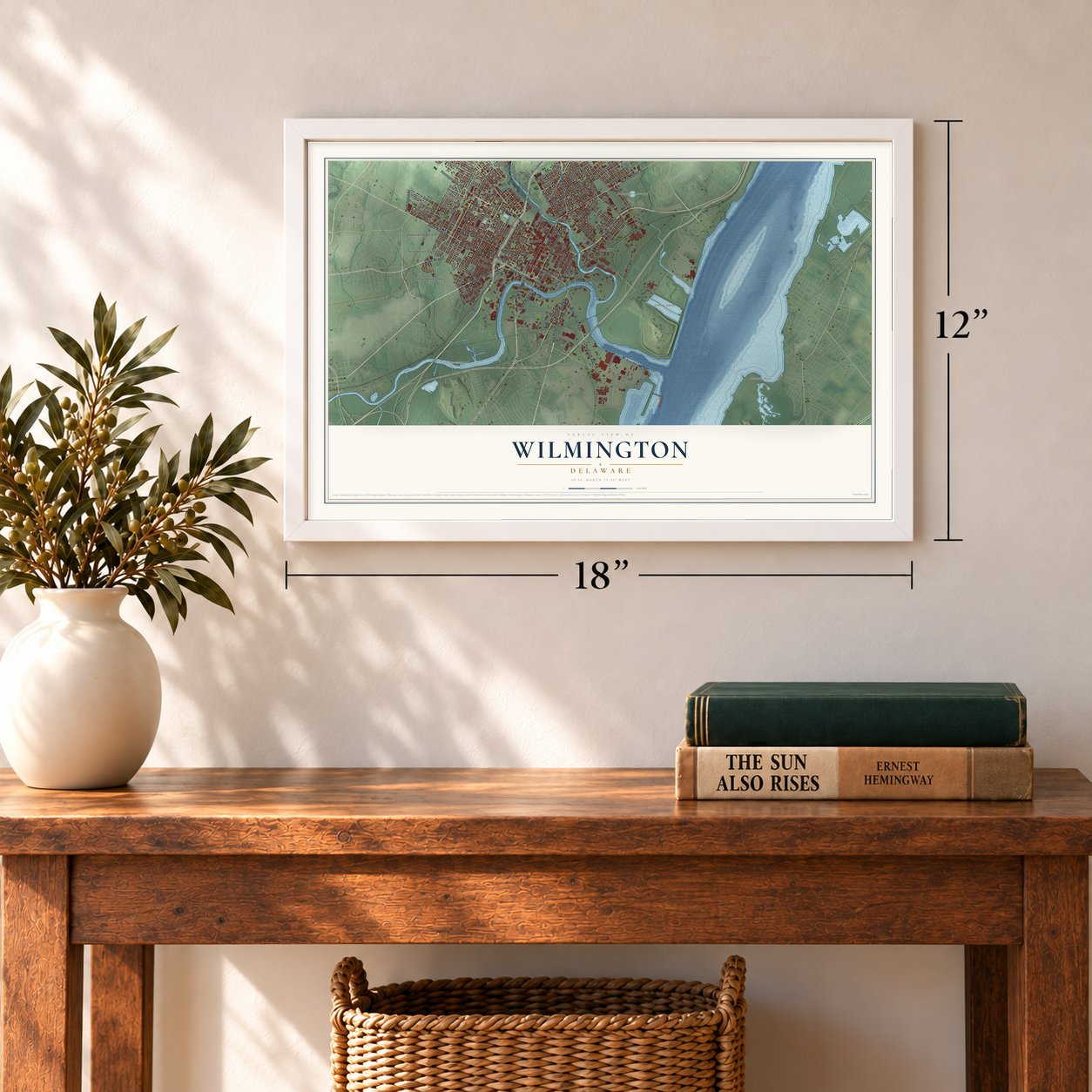 Wilmington, Delaware map, 12 x 18 inch print in a white frame in an entryway