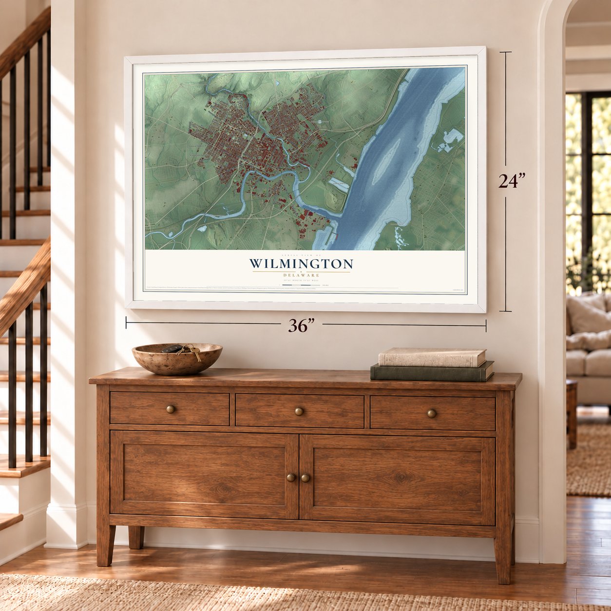 Wilmington, Delaware map, 24 x 36 inch print in a white frame above a dresser by a staircase