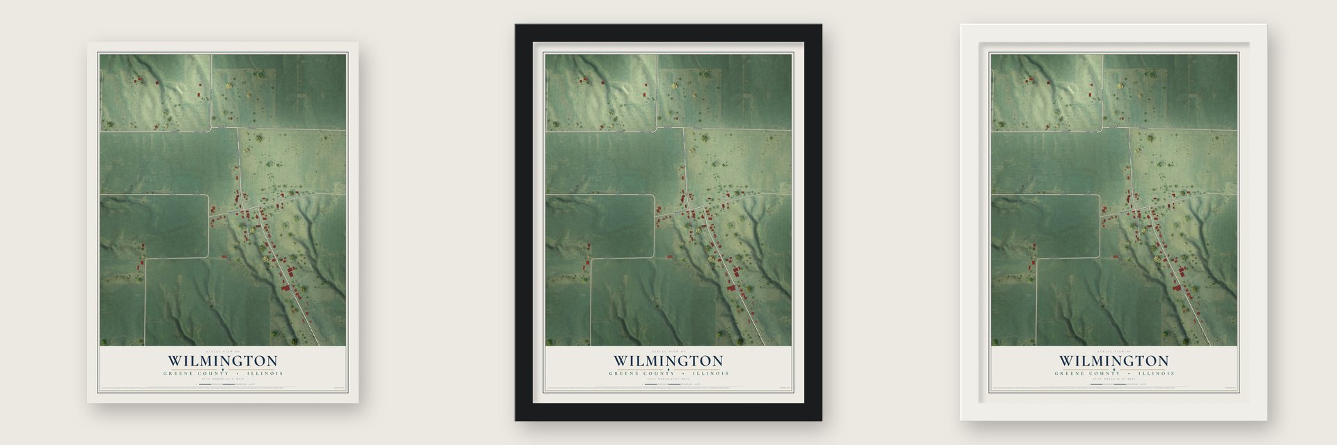 Wilmington, Greene County, Illinois map unframed, in a black wood frame and in a white wood frame