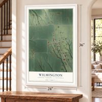 Wilmington, Greene County, Illinois map, 24 x 36 inch print in a white frame by a staircase