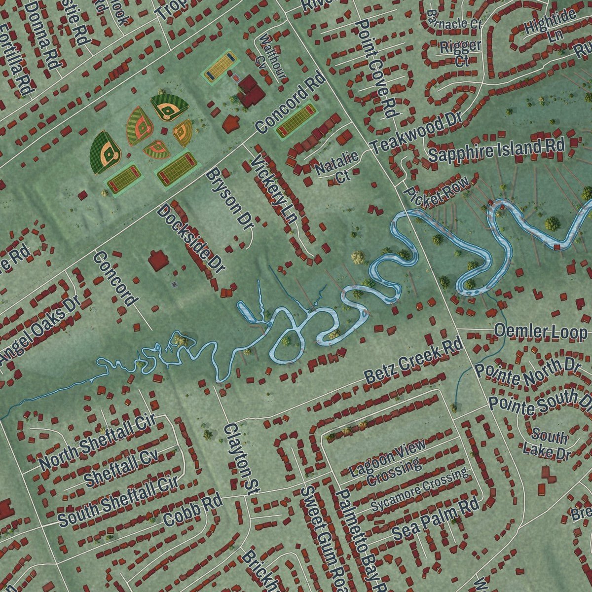 Second close-up of the map of Wilmington Island, Georgia print showing more streets and buildings