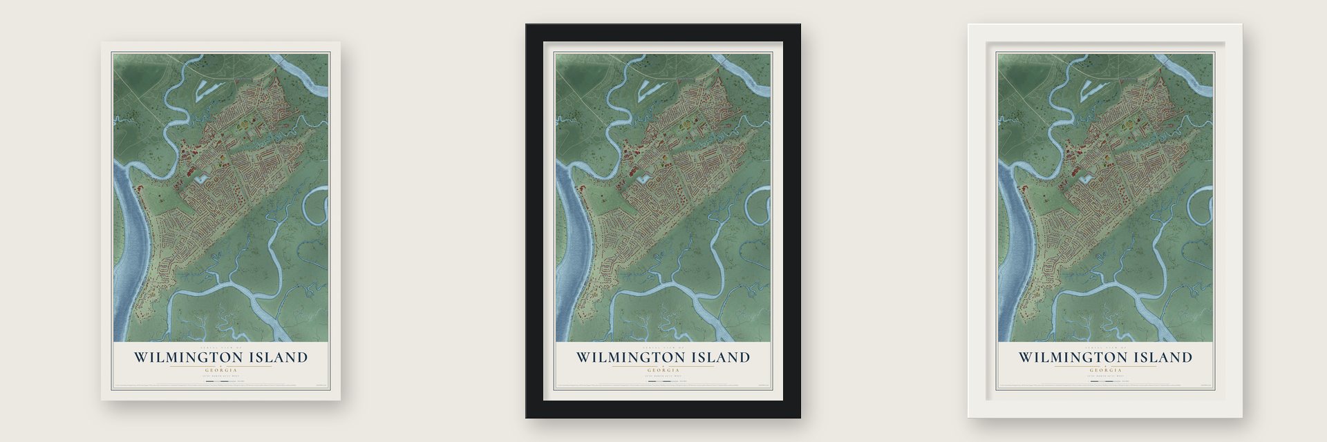 Wilmington Island, Georgia map unframed, in a black wood frame and in a white wood frame