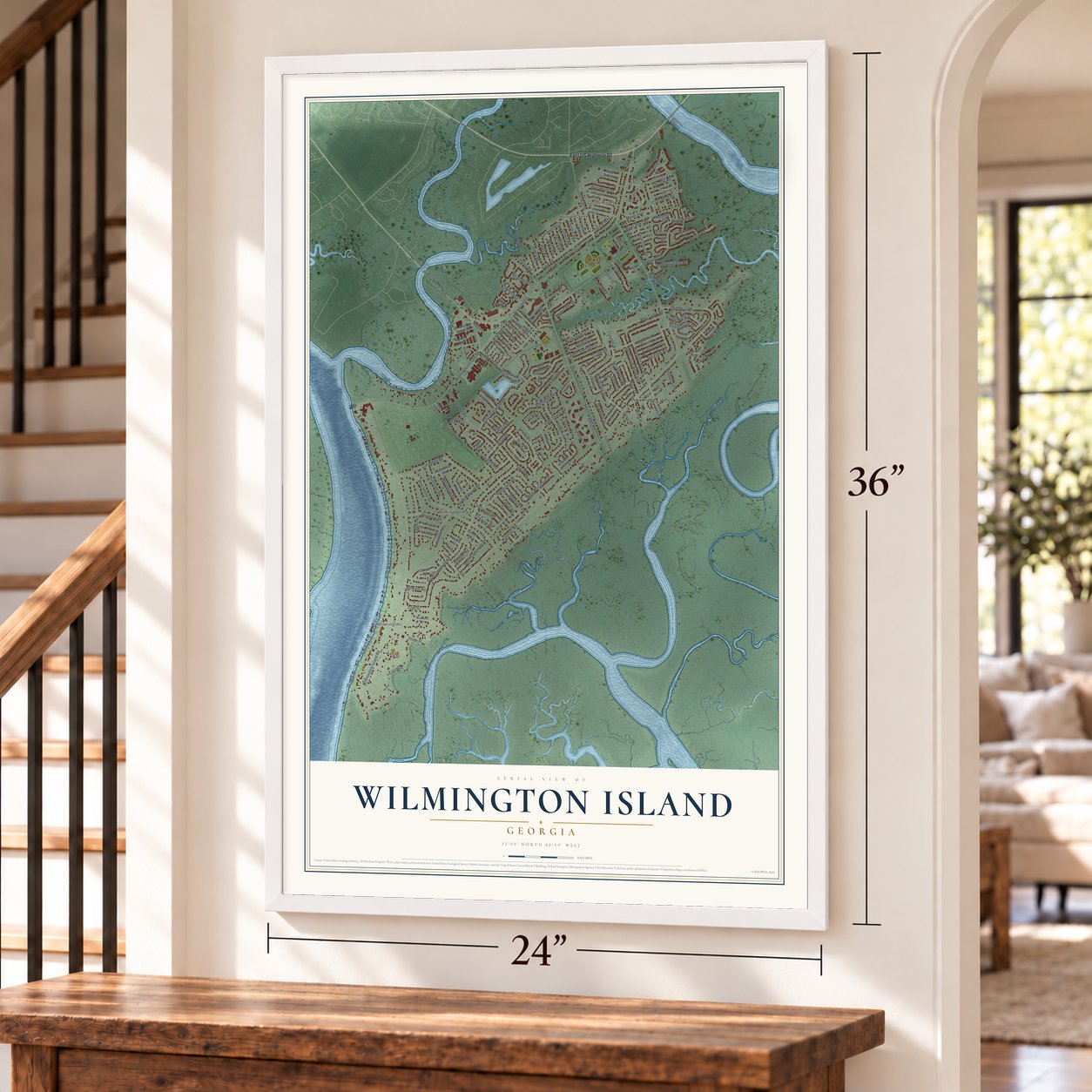 Wilmington Island, Georgia map, 24 x 36 inch print in a white frame by a staircase