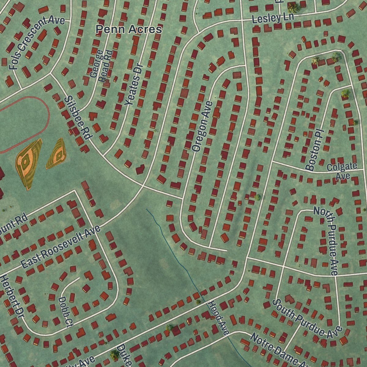 Second close-up of the map of Wilmington Manor, Delaware print showing more streets and buildings