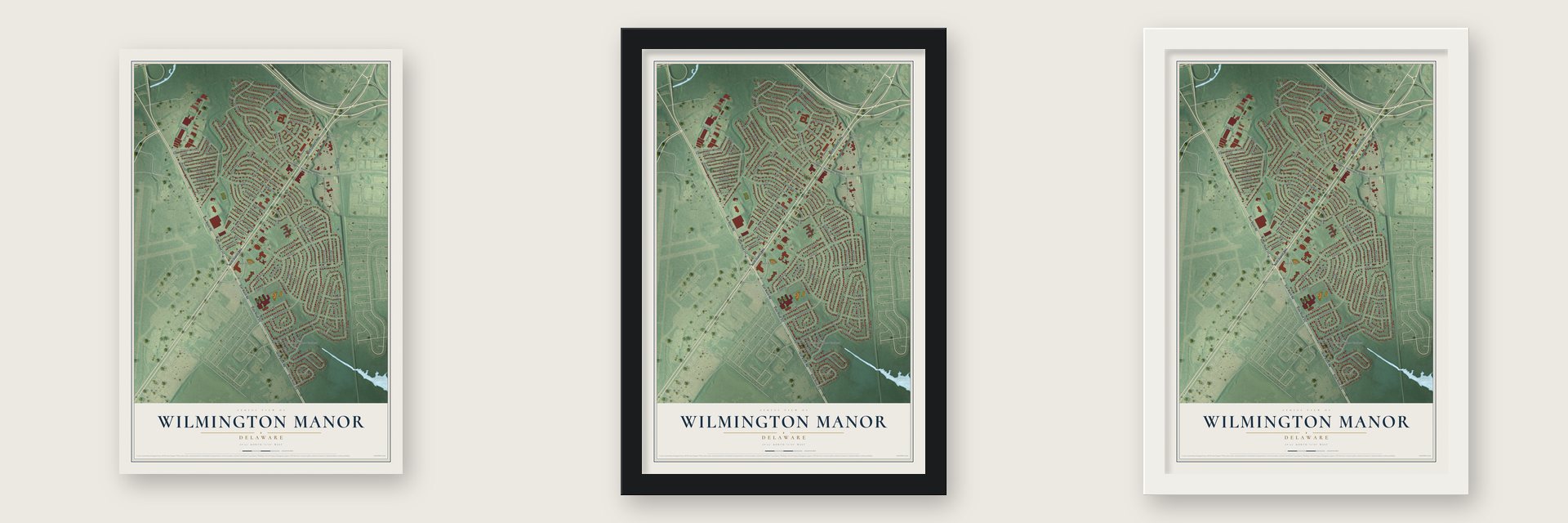 Wilmington Manor, Delaware map unframed, in a black wood frame and in a white wood frame