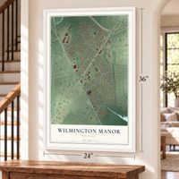 Wilmington Manor, Delaware map, 24 x 36 inch print in a white frame by a staircase