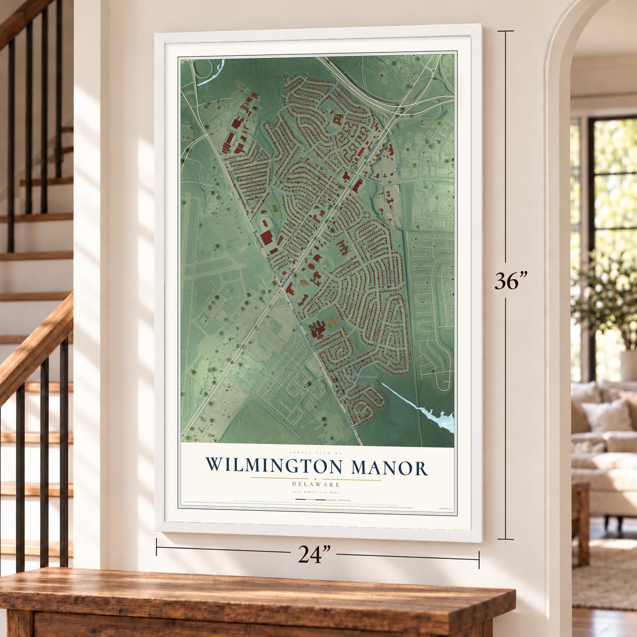 Wilmington Manor, Delaware map, 24 x 36 inch print in a white frame by a staircase