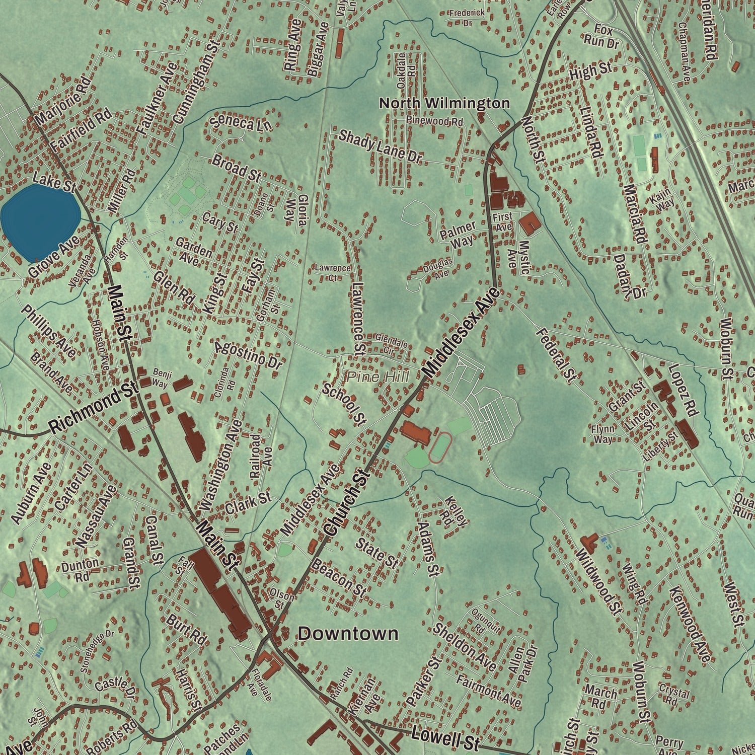 Close-up of the map of Wilmington, Massachusetts print showing terrain and local geography