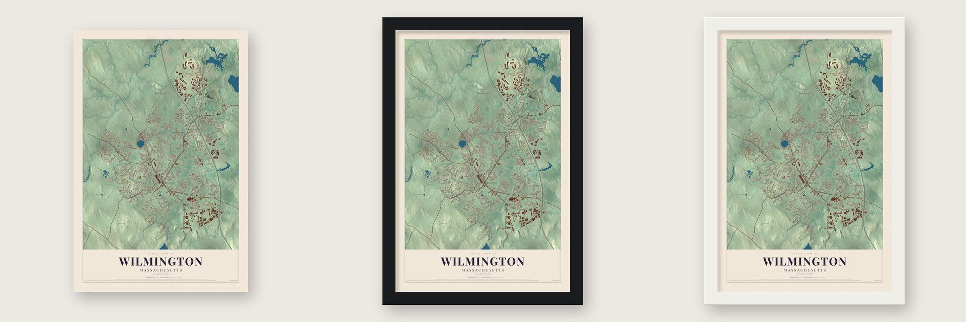 Wilmington, Massachusetts map unframed, in a black wood frame and in a white wood frame