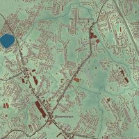 Close-up of the map of Wilmington, Massachusetts print showing terrain and local geography