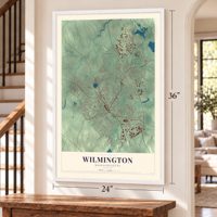 Wilmington, Massachusetts map, 24 x 36 inch print in a white frame by a staircase