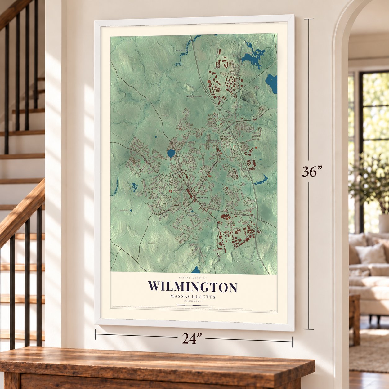 Wilmington, Massachusetts map, 24 x 36 inch print in a white frame by a staircase