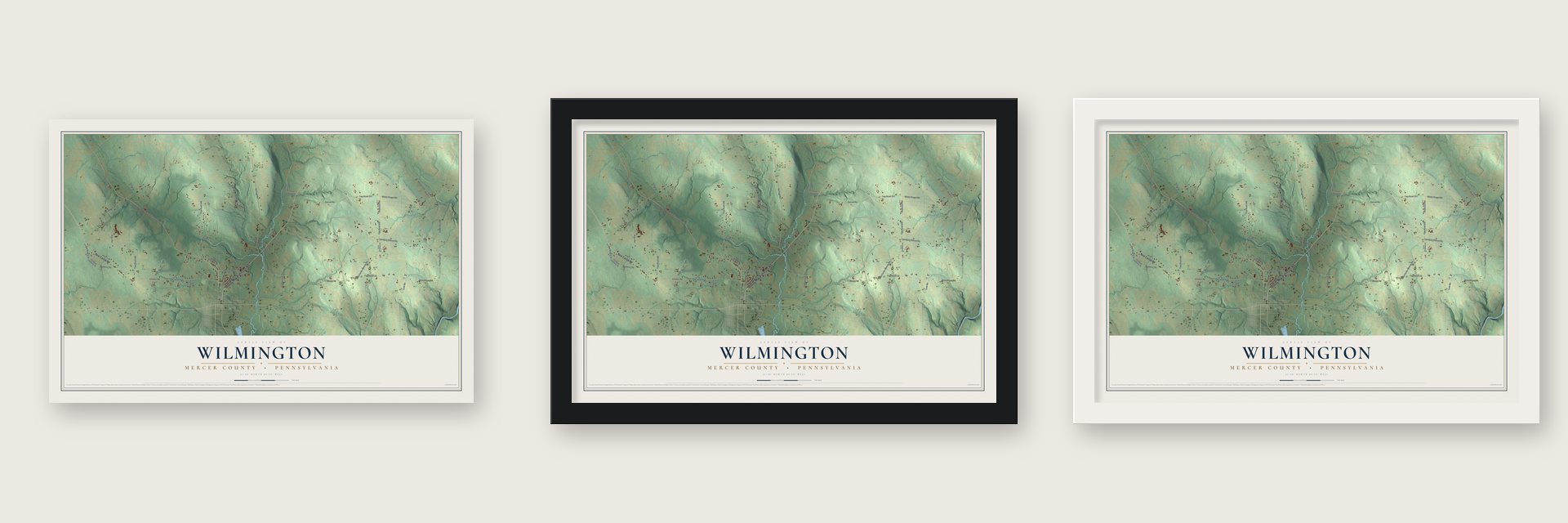 Wilmington, Mercer County, Pennsylvania map unframed, in a black wood frame and in a white wood frame