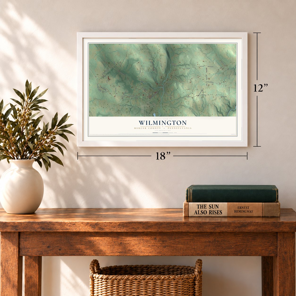 Wilmington, Mercer County, Pennsylvania map, 12 x 18 inch print in a white frame in an entryway