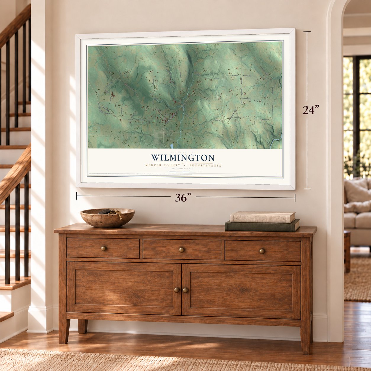 Wilmington, Mercer County, Pennsylvania map, 24 x 36 inch print in a white frame above a dresser by a staircase