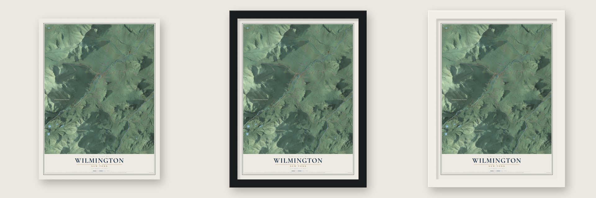 Wilmington, New York map unframed, in a black wood frame and in a white wood frame