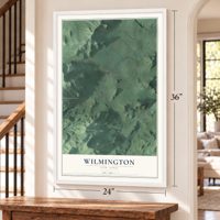 Wilmington, New York map, 24 x 36 inch print in a white frame by a staircase