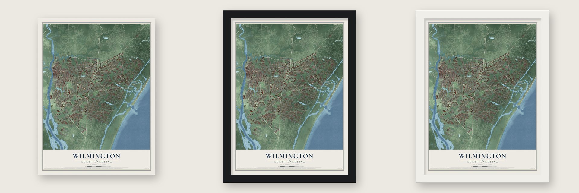 Wilmington, North Carolina map unframed, in a black wood frame and in a white wood frame
