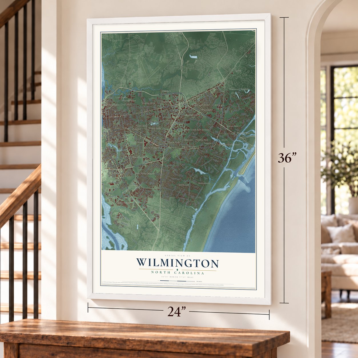 Wilmington, North Carolina map, 24 x 36 inch print in a white frame by a staircase
