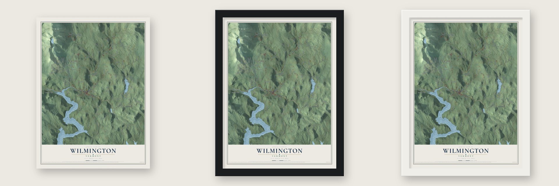 Wilmington, Vermont map unframed, in a black wood frame and in a white wood frame
