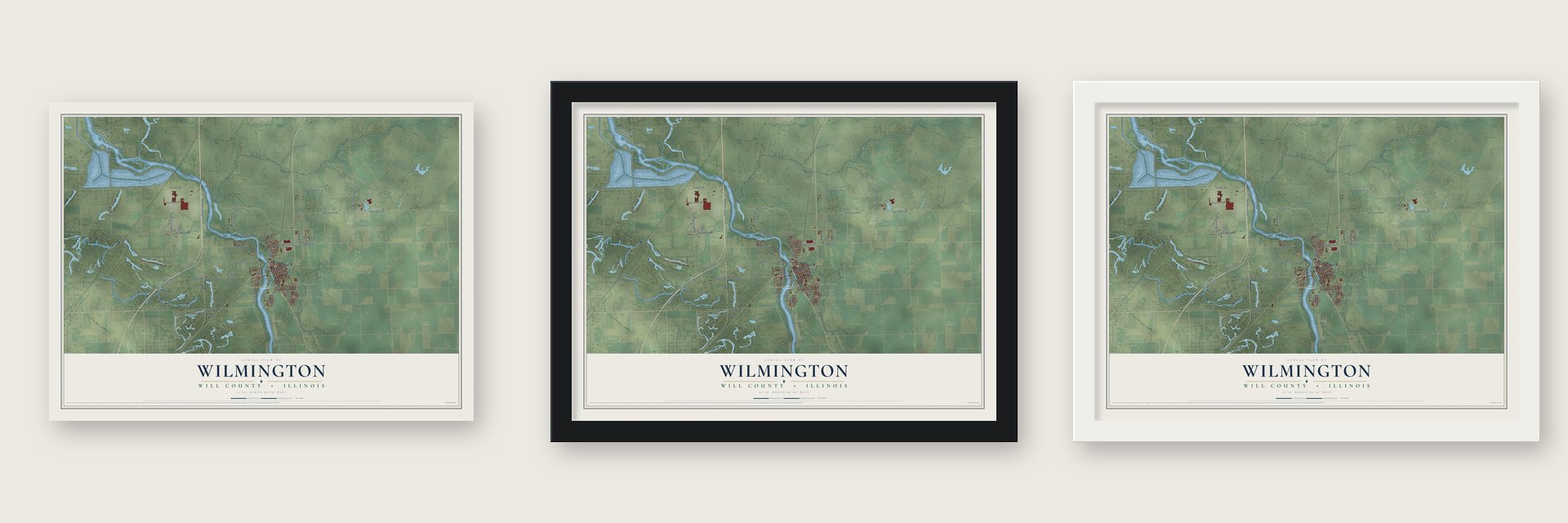 Wilmington, Will County, Illinois map unframed, in a black wood frame and in a white wood frame