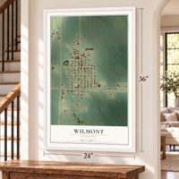 Wilmont, Minnesota map, 24 x 36 inch print in a white frame by a staircase