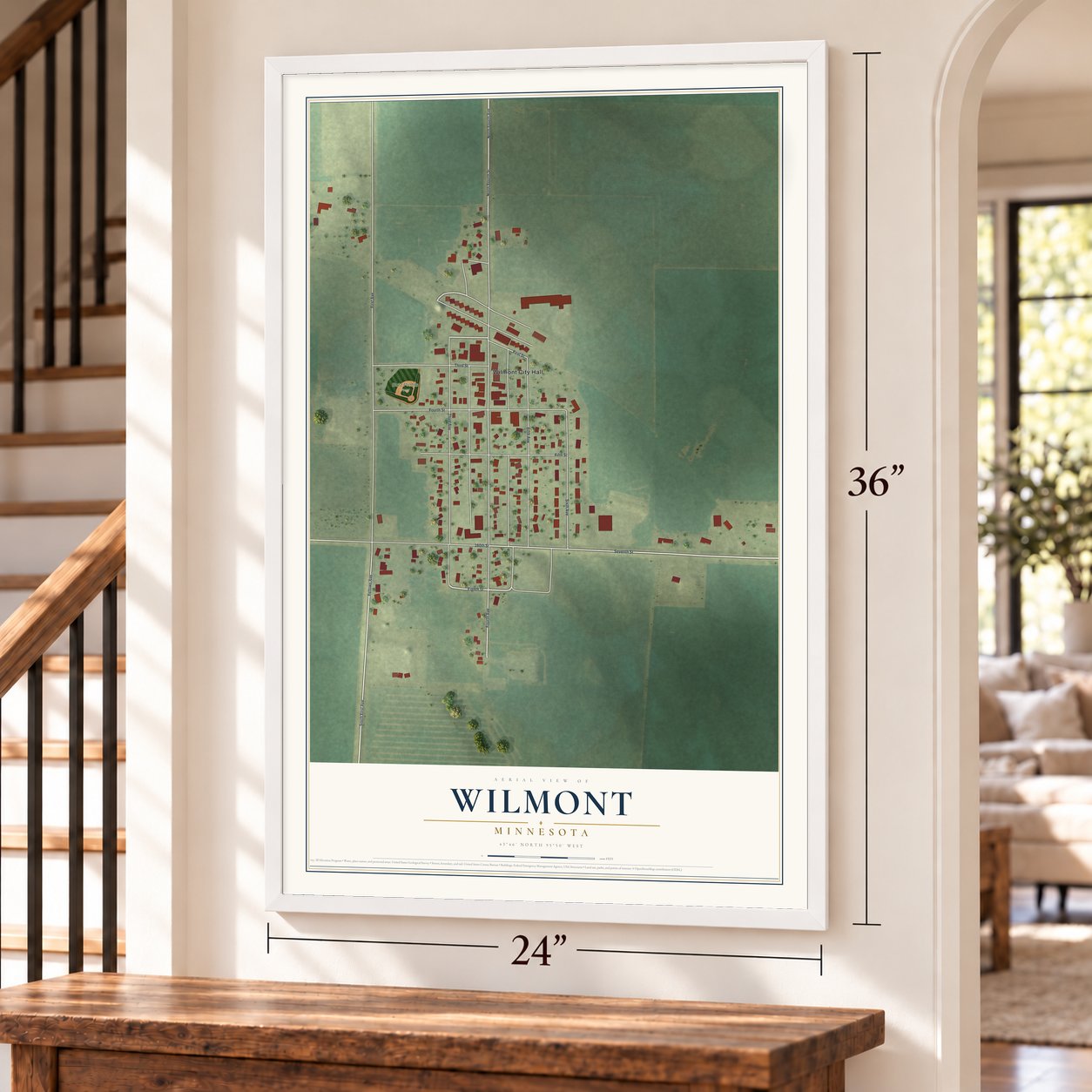Wilmont, Minnesota map, 24 x 36 inch print in a white frame by a staircase