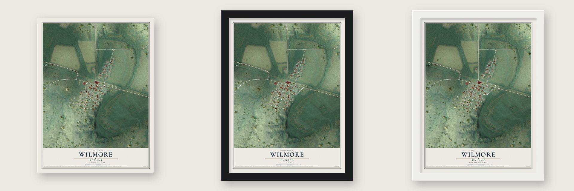 Wilmore, Kansas map unframed, in a black wood frame and in a white wood frame