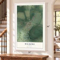 Wilmore, Kansas map, 24 x 36 inch print in a white frame by a staircase