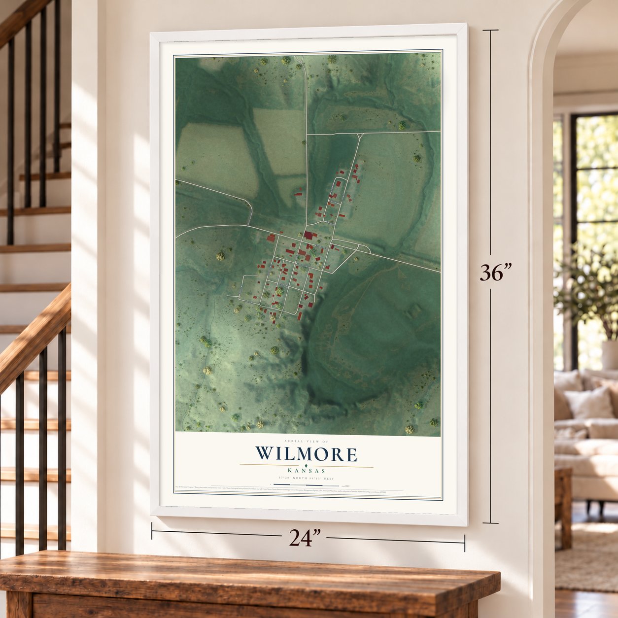Wilmore, Kansas map, 24 x 36 inch print in a white frame by a staircase