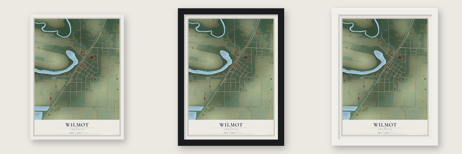 Wilmot, Arkansas map unframed, in a black wood frame and in a white wood frame