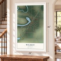 Wilmot, Arkansas map, 24 x 36 inch print in a white frame by a staircase