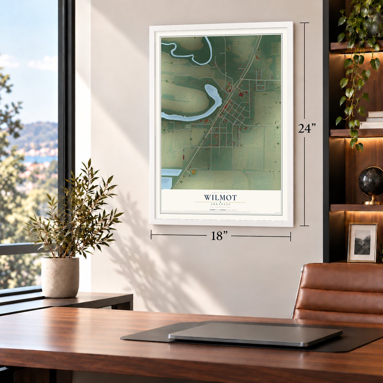 Wilmot, Arkansas map, 18 x 24 inch print in a white frame in a home office