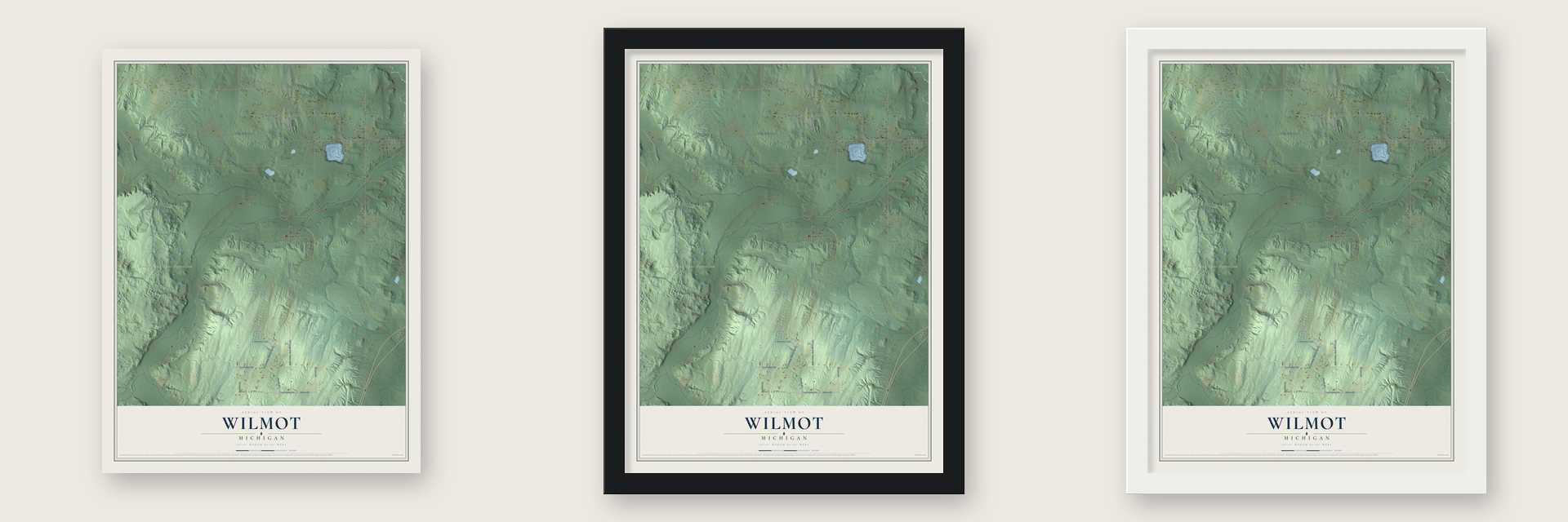 Wilmot, Michigan map unframed, in a black wood frame and in a white wood frame