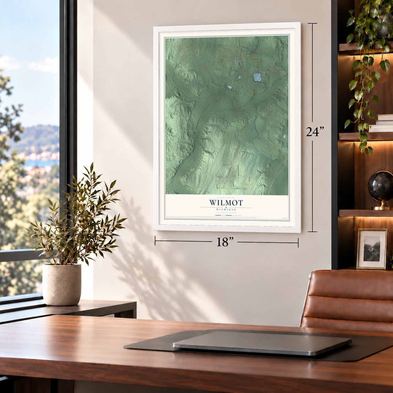 Wilmot, Michigan map, 18 x 24 inch print in a white frame in a home office
